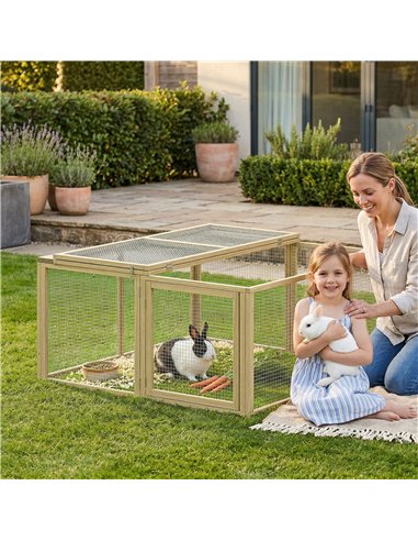 PawHut Wooden Folding Rabbit Hutch, for 2-3 Rabbits - Natural Wood