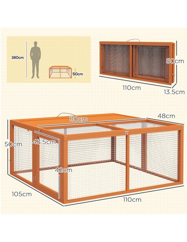 PawHut Wooden Folding Rabbit Hutch, for 2-3 Rabbits - Orange