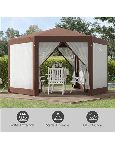 Outsunny Hexagonal Garden Gazebo Patio Party Outdoor Canopy Tent Sun Shelter with Mosquito Netting and Zipped Door, Brown