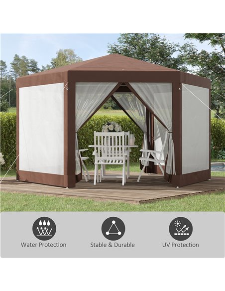 Outsunny Hexagonal Garden Gazebo Patio Party Outdoor Canopy Tent Sun Shelter with Mosquito Netting and Zipped Door, Brown - pic 19603 | FastDaddyshop