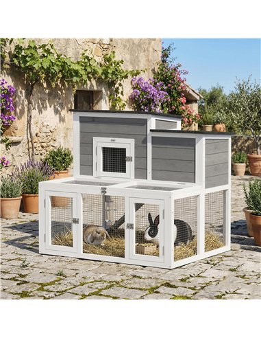 PawHut Wooden Rabbit Hutch, Indoor Outdoor Bunny Cage with Waterproof & Openable Roof, Pull Out Tray and Ramp, Guinea Pig Hutch