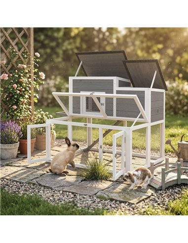 PawHut Wooden Rabbit Hutch, Indoor Outdoor Bunny Cage with Waterproof & Openable Roof, Pull Out Tray and Ramp, Guinea Pig Hutch