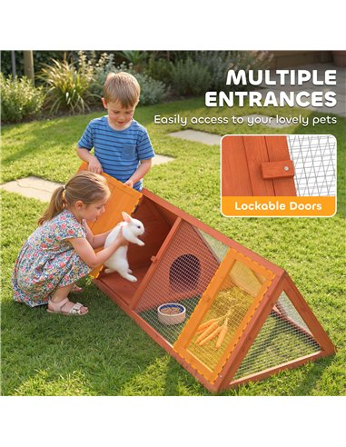 PawHut Rabbit Hutch, Wooden Guinea Pig Hutch with Run and Doors, Outdoor Triangle Bunny House for Rabbits,Duck and Chicken