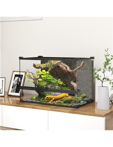 PawHut Reptile Glass Terrarium with Stone Background, Front Ventilation, Escape-Proof Knob Lock, 50 x 30 x 35 cm, Black