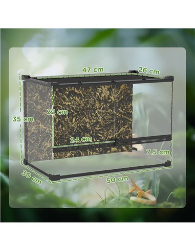 PawHut Reptile Glass Terrarium with Stone Background, Front Ventilation, Escape-Proof Knob Lock, 50 x 30 x 35 cm, Black