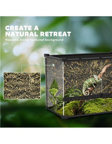 PawHut Reptile Glass Terrarium with Stone Background, Front Ventilation, Escape-Proof Knob Lock, 50 x 30 x 35 cm, Black