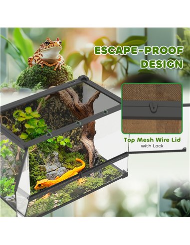 PawHut Reptile Glass Terrarium with Stone Background, Front Ventilation, Escape-Proof Knob Lock, 50 x 30 x 35 cm, Black