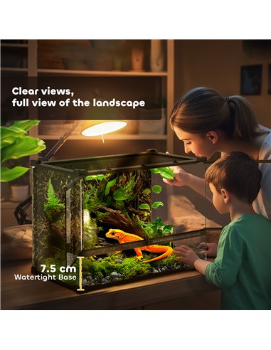 PawHut Reptile Glass Terrarium with Stone Background, Front Ventilation, Escape-Proof Knob Lock, 50 x 30 x 35 cm, Black