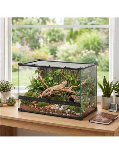 PawHut Reptile Glass Terrarium with Stone Background, Front Ventilation, Escape-Proof Knob Lock, 50 x 30 x 35 cm, Black