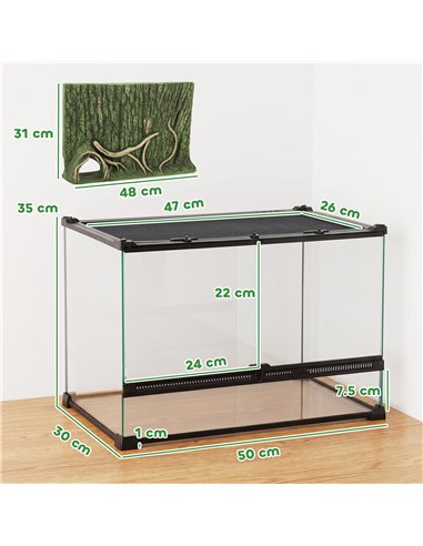 PawHut Reptile Glass Terrarium with Stone Background, Front Ventilation, Escape-Proof Knob Lock, 50 x 30 x 35 cm, Black