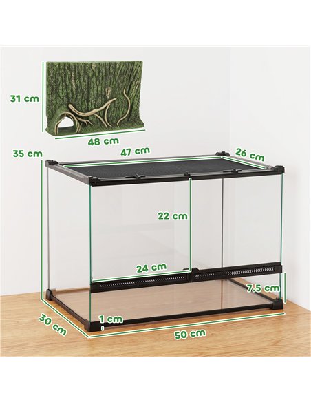 PawHut Reptile Glass Terrarium with Stone Background, Front Ventilation, Escape-Proof Knob Lock, 50 x 30 x 35 cm, Black - pic 196100 | FastDaddyshop