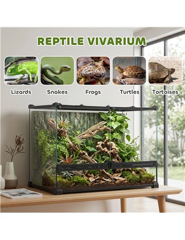 PawHut Reptile Glass Terrarium with Stone Background, Front Ventilation, Escape-Proof Knob Lock, 50 x 30 x 35 cm, Black