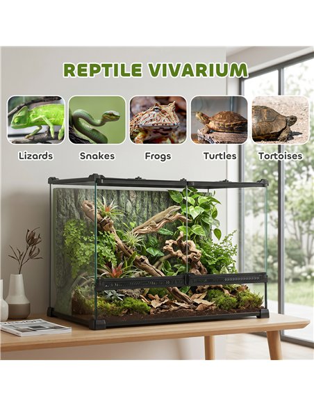 PawHut Reptile Glass Terrarium with Stone Background, Front Ventilation, Escape-Proof Knob Lock, 50 x 30 x 35 cm, Black - pic 196101 | FastDaddyshop