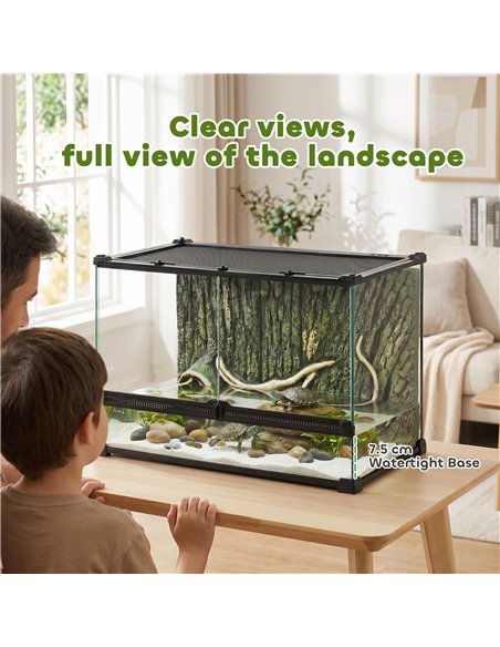 PawHut Reptile Glass Terrarium with Stone Background, Front Ventilation, Escape-Proof Knob Lock, 50 x 30 x 35 cm, Black - pic 196104 | FastDaddyshop