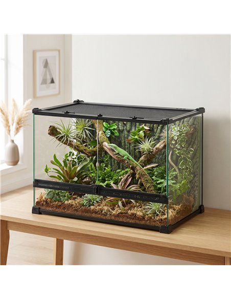 PawHut Reptile Glass Terrarium with Stone Background, Front Ventilation, Escape-Proof Knob Lock, 50 x 30 x 35 cm, Black - pic 196105 | FastDaddyshop