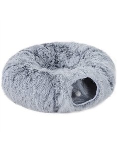 PawHut 2-in-1 Donut Cat Tunnel with Washable Bed, Play Tunnel Bed with Toy Ball and Door Hole for Indoor Cats, Light Grey