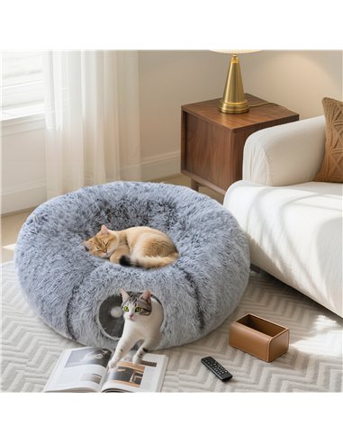 PawHut 2-in-1 Donut Cat Tunnel with Washable Bed, Play Tunnel Bed with Toy Ball and Door Hole for Indoor Cats, Light Grey