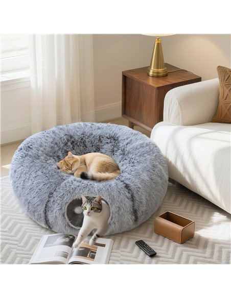 PawHut 2-in-1 Donut Cat Tunnel with Washable Bed, Play Tunnel Bed with Toy Ball and Door Hole for Indoor Cats, Light Grey - pic 196108 | FastDaddyshop