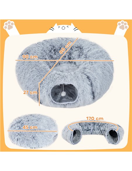 PawHut 2-in-1 Donut Cat Tunnel with Washable Bed, Play Tunnel Bed with Toy Ball and Door Hole for Indoor Cats, Light Grey - pic 196109 | FastDaddyshop