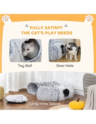 PawHut 2-in-1 Donut Cat Tunnel with Washable Bed, Play Tunnel Bed with Toy Ball and Door Hole for Indoor Cats, Light Grey