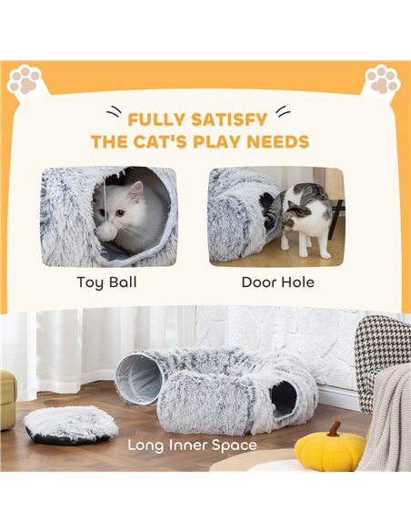 PawHut 2-in-1 Donut Cat Tunnel with Washable Bed, Play Tunnel Bed with Toy Ball and Door Hole for Indoor Cats, Light Grey - pic 196112 | FastDaddyshop