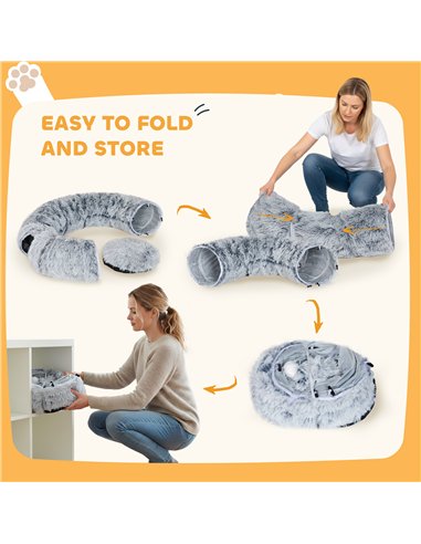 PawHut 2-in-1 Donut Cat Tunnel with Washable Bed, Play Tunnel Bed with Toy Ball and Door Hole for Indoor Cats, Light Grey