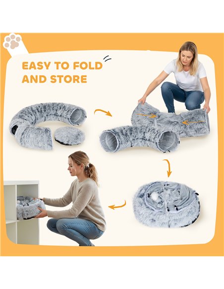 PawHut 2-in-1 Donut Cat Tunnel with Washable Bed, Play Tunnel Bed with Toy Ball and Door Hole for Indoor Cats, Light Grey - pic 196114 | FastDaddyshop