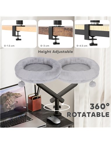 PawHut Cat Desk Bed, Cat Hammock 360° Rotatable Adjustable for Window, Table, Work, Grey