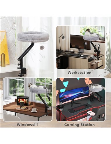 PawHut Cat Desk Bed, Cat Hammock 360° Rotatable Adjustable for Window, Table, Work, Grey