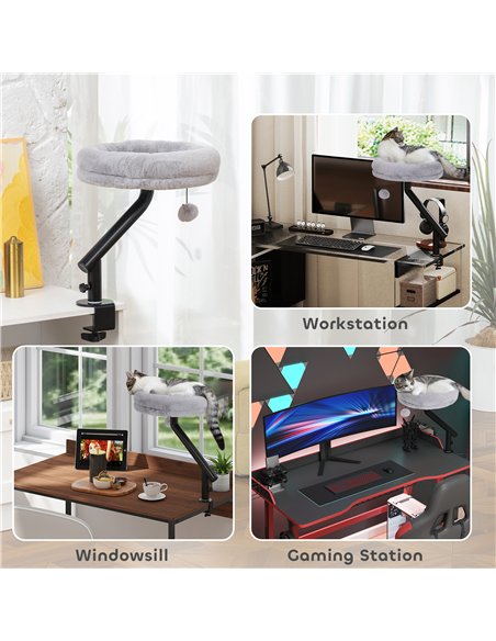 PawHut Cat Desk Bed, Cat Hammock 360° Rotatable Adjustable for Window, Table, Work, Grey - pic 196130 | FastDaddyshop
