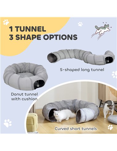 PawHut 2 in 1 Cat Tunnel with Bed, Cat Play Tunnel with Ball & Peek Hole for Indoor Cats, Grey