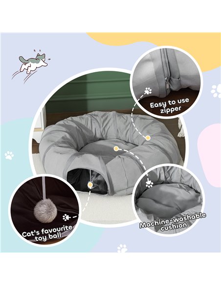 PawHut 2 in 1 Cat Tunnel with Bed, Cat Play Tunnel with Ball & Peek Hole for Indoor Cats, Grey - pic 196140 | FastDaddyshop