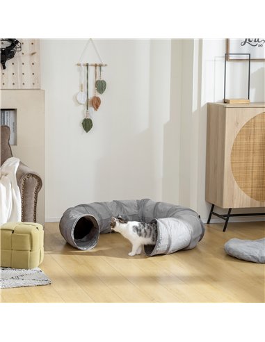 PawHut 2 in 1 Cat Tunnel with Bed, Cat Play Tunnel with Ball & Peek Hole for Indoor Cats, Grey
