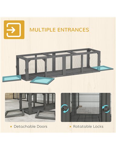 PawHut Outdoor Cat Tunnel, Wooden Play Cat Enclosure, Extendable Pet Run with 3 Doors, for Indoor and Outdoor Use, Grey