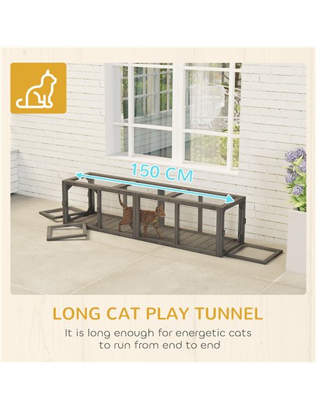PawHut Outdoor Cat Tunnel, Wooden Play Cat Enclosure, Extendable Pet Run with 3 Doors, for Indoor and Outdoor Use, Grey - pic 196149 | FastDaddyshop