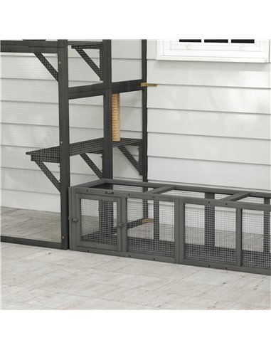 PawHut Outdoor Cat Tunnel, Wooden Play Cat Enclosure, Extendable Pet Run with 3 Doors, for Indoor and Outdoor Use, Grey