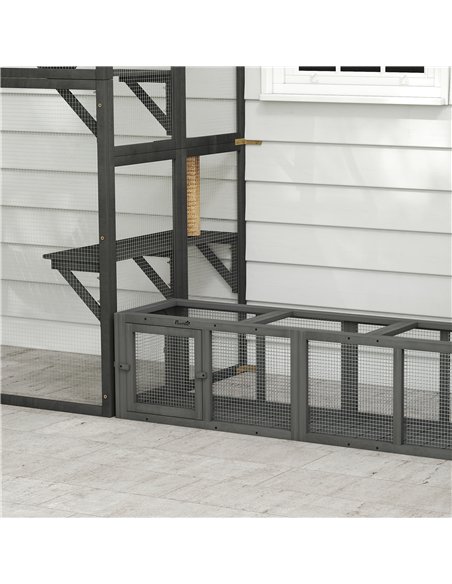 PawHut Outdoor Cat Tunnel, Wooden Play Cat Enclosure, Extendable Pet Run with 3 Doors, for Indoor and Outdoor Use, Grey - pic 196151 | FastDaddyshop
