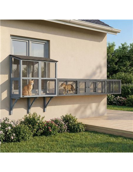 PawHut Cat Tunnel, 250cm Extra Long Wooden Cat Play Tunnel with 8 Doors, L-shape/Rectangle, Outdoor Cat Enclosure, Dark Grey - pic 196153 | FastDaddyshop