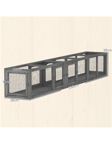 PawHut Cat Tunnel, 250cm Extra Long Wooden Cat Play Tunnel with 8 Doors, L-shape/Rectangle, Outdoor Cat Enclosure, Dark Grey