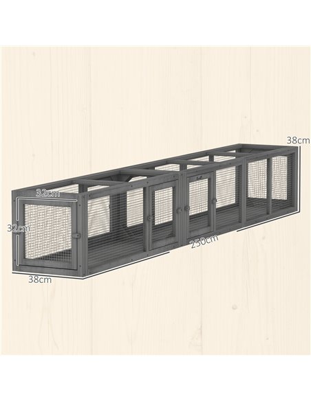 PawHut Cat Tunnel, 250cm Extra Long Wooden Cat Play Tunnel with 8 Doors, L-shape/Rectangle, Outdoor Cat Enclosure, Dark Grey - pic 196154 | FastDaddyshop