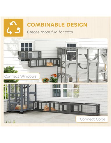 PawHut Cat Tunnel, 250cm Extra Long Wooden Cat Play Tunnel with 8 Doors, L-shape/Rectangle, Outdoor Cat Enclosure, Dark Grey