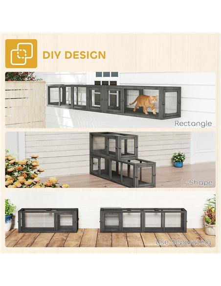 PawHut Cat Tunnel, 250cm Extra Long Wooden Cat Play Tunnel with 8 Doors, L-shape/Rectangle, Outdoor Cat Enclosure, Dark Grey - pic 196156 | FastDaddyshop