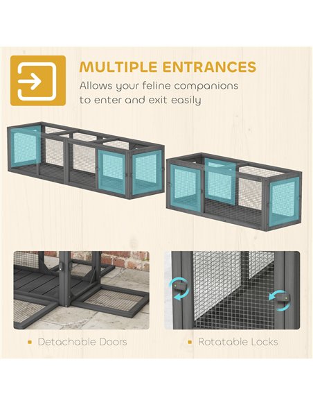 PawHut Cat Tunnel, 250cm Extra Long Wooden Cat Play Tunnel with 8 Doors, L-shape/Rectangle, Outdoor Cat Enclosure, Dark Grey - pic 196157 | FastDaddyshop