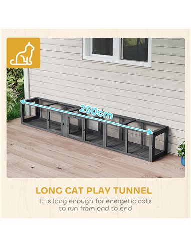 PawHut Cat Tunnel, 250cm Extra Long Wooden Cat Play Tunnel with 8 Doors, L-shape/Rectangle, Outdoor Cat Enclosure, Dark Grey