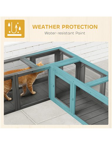 PawHut Cat Tunnel, 250cm Extra Long Wooden Cat Play Tunnel with 8 Doors, L-shape/Rectangle, Outdoor Cat Enclosure, Dark Grey