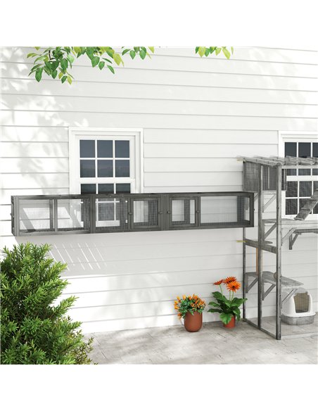 PawHut Cat Tunnel, 250cm Extra Long Wooden Cat Play Tunnel with 8 Doors, L-shape/Rectangle, Outdoor Cat Enclosure, Dark Grey - pic 196160 | FastDaddyshop