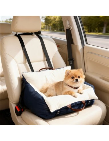 PawHut Dog Car Seat, Cosy Pet Car Booster Seat for Small Dog Under 5 KG, Portable Travel Bed with Safety Belts, Navy Blue