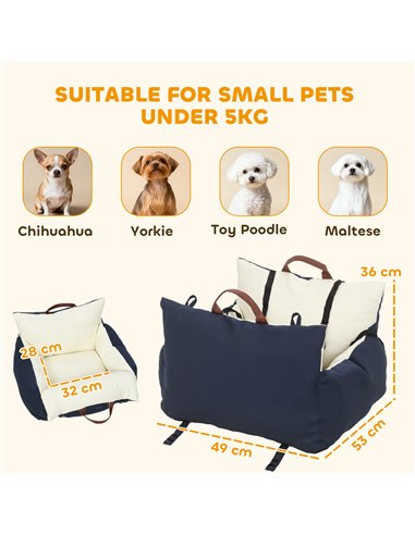 PawHut Dog Car Seat, Cosy Pet Car Booster Seat for Small Dog Under 5 KG, Portable Travel Bed with Safety Belts, Navy Blue