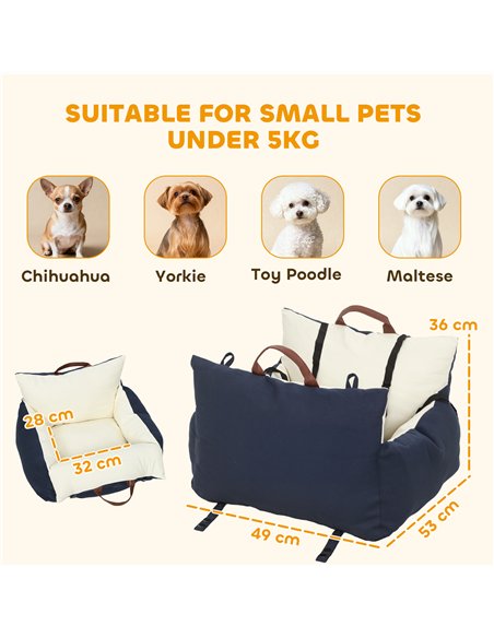 PawHut Dog Car Seat, Cosy Pet Car Booster Seat for Small Dog Under 5 KG, Portable Travel Bed with Safety Belts, Navy Blue - pic 196217 | FastDaddyshop