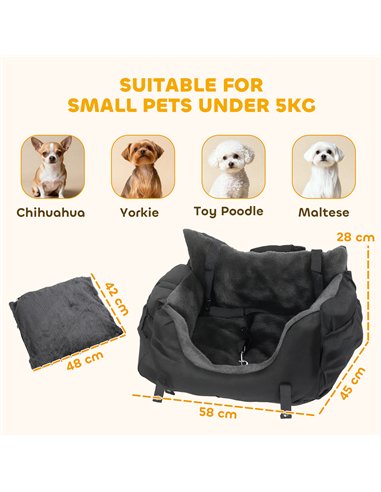 PawHut Dog Car Seat for Small Dogs with Fixed Buckle, Safety Leash, Washable Cover, 58 x 45 x 28 cm, Black
